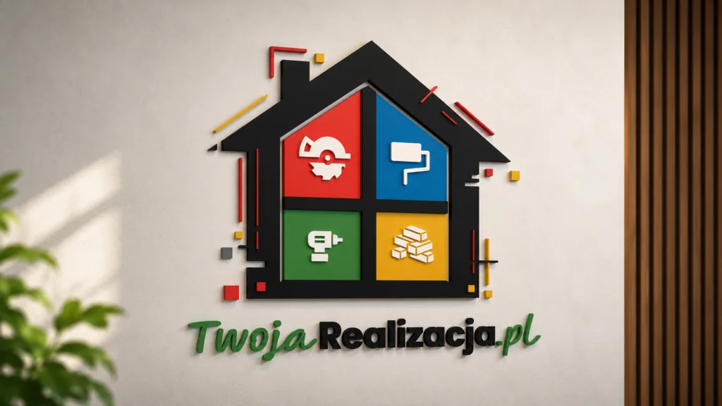 Logo Twoja Realizacja.pl z ikonami piły tarczowej, wałka malarskiego, wiertarki i cegieł wpisanymi w kontur domu