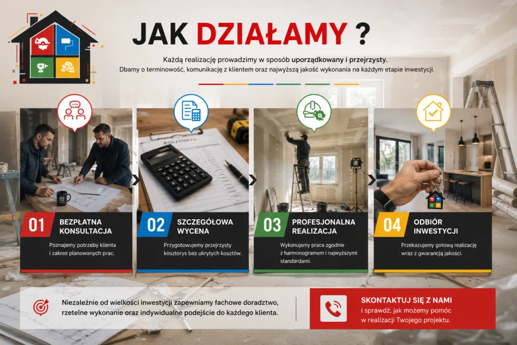 Jak działamy: 1. Bezpłatna konsultacja, 2. Szczegółowa wycena, 3. Profesjonalna realizacja, 4. Odbiór inwestycji