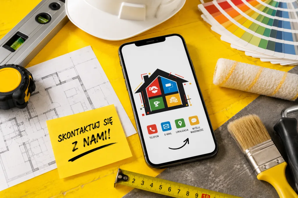 Smartfon z aplikacją i opcjami kontaktu otoczony narzędziami budowlanymi oraz napisem Skontaktuj się z nami!