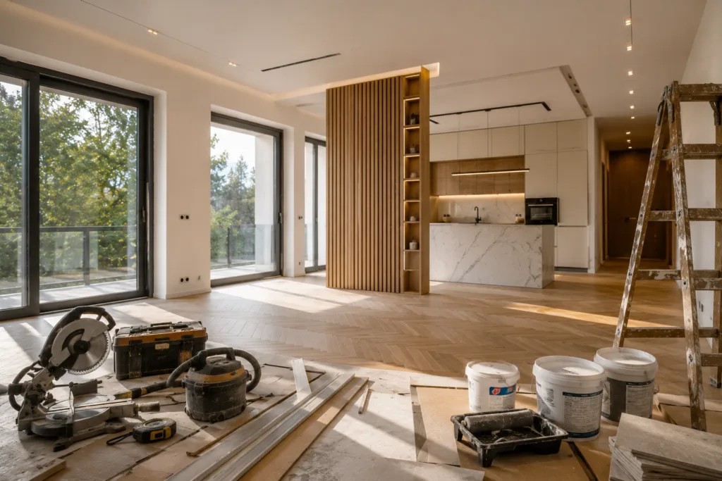 Nowoczesne wnętrze apartamentu w trakcie prac wykończeniowych z narzędziami budowlanymi na pierwszym planie