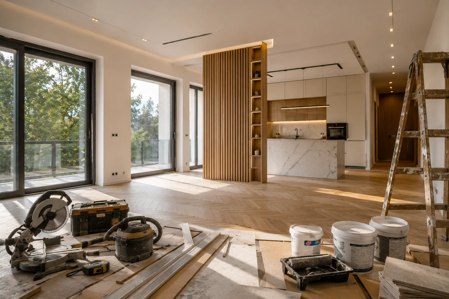 Nowoczesne wnętrze apartamentu w trakcie prac wykończeniowych z narzędziami budowlanymi na pierwszym planie