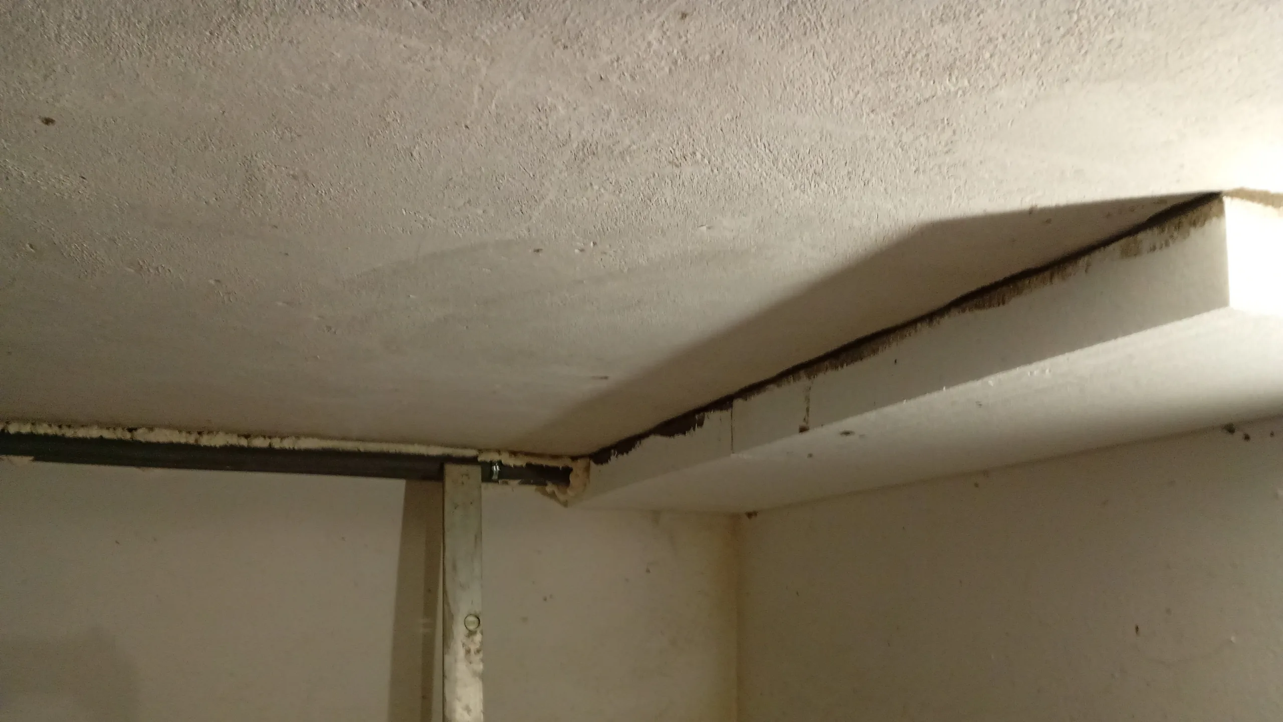 Izolacja stropu piwnicy – przyklejanie płyt styropianowych Rozpoczęcie przyklejania płyt styropianowych do stropu w piwnicy podczas prac ociepleniowych